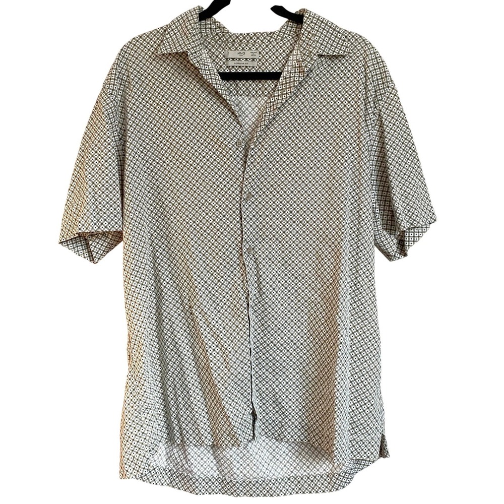 MNG MAN Linen Short Sleeve Button Up Geometric Green Shirt XL Euro Casual Summer